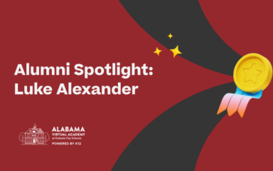 Graphic with red and black abstract background featuring white text “Alumni Spotlight: Luke Alexander” and Alabama Virtual Academy logo, plus a gold medal icon.